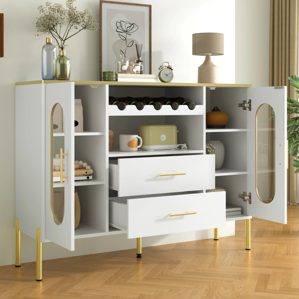 Credenza con 2 Ante in Vetro; 2 Cassetti e Portabottiglie; Maniglie Dorate; Piede Regolabile; in MDF; 120??38??90 cm; Bianco