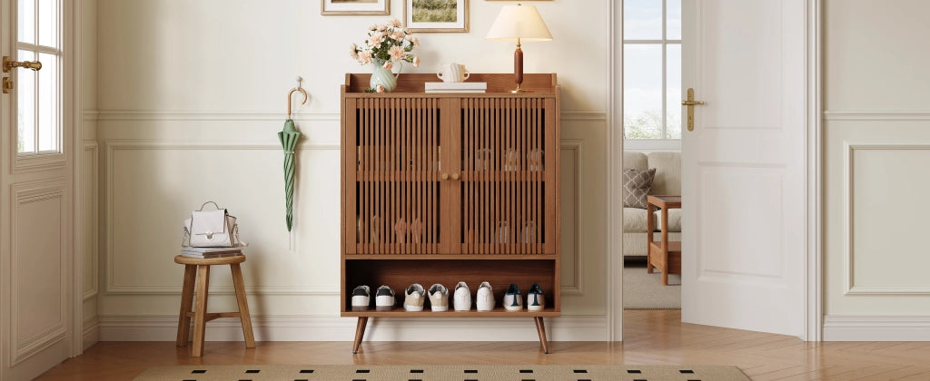Scarpiera con 2 ante e vano aperto, ripiano fisso, per ingresso, in MDF e pino, noce, 80 × 35 × 105 cm