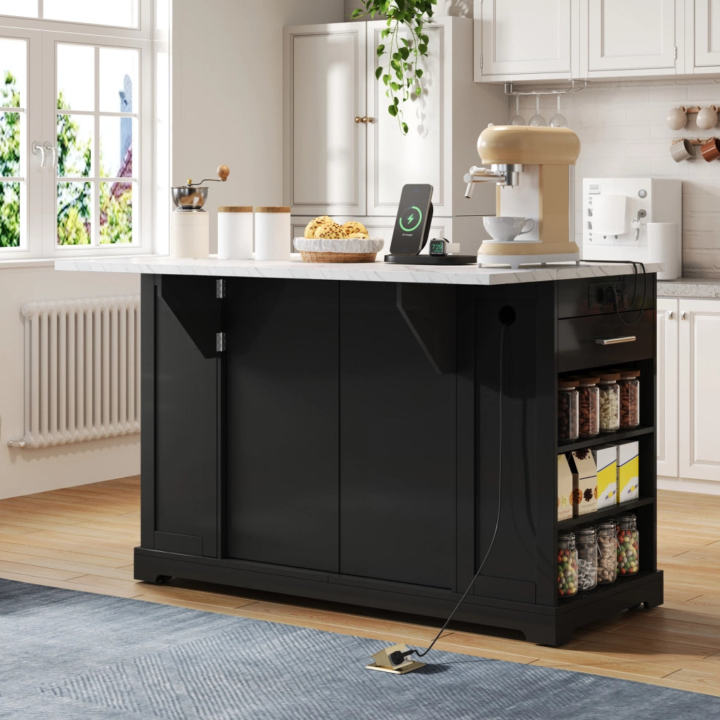 Carrello da cucina con piano ribaltabile; prese e vano rifiuti per cucina; in MDF nero; 138×86×92 cm