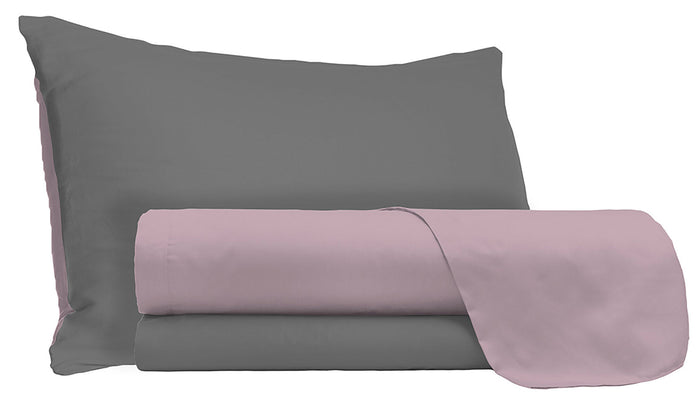 Set Lenzuola Singolo Sopra Sotto e Federe Doubleface Rosa Antico/Fumo