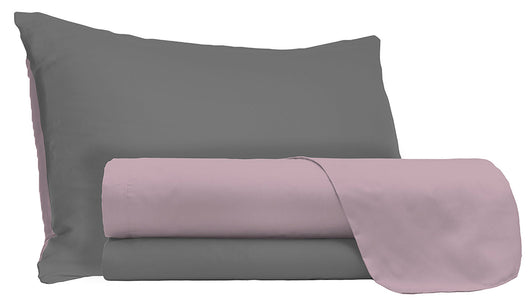 Set Lenzuola 1 Piazza e Mezzo Sopra Sotto e Federe Doubleface Rosa Antico/Fumo