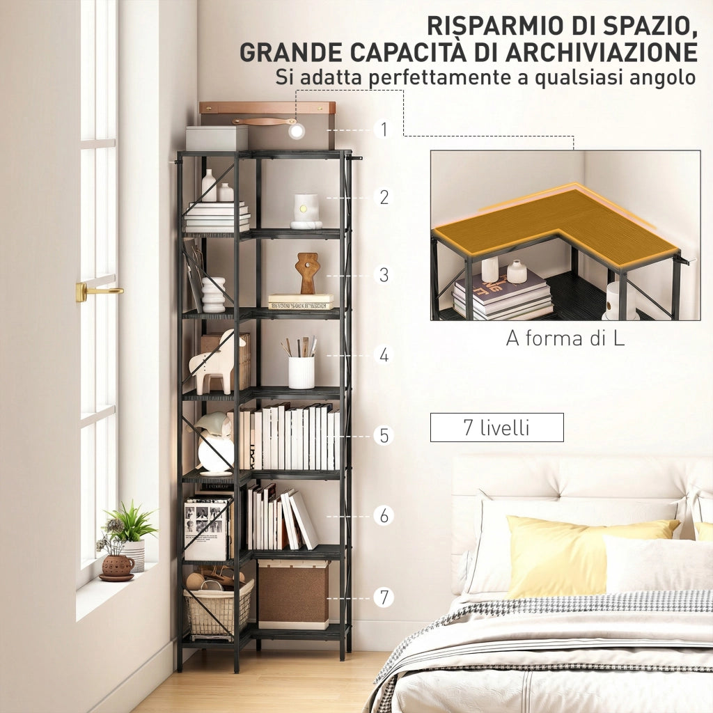 Libreria ad Angolo a 7 Ripiani ¨C Xylo ¨C Stile Industriale Legno Nero