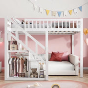 Letto a castello unico posto 90x200cm, letto a castello con scala e cassettone, sistema di sicurezza, fondo a rete, letto per bambini