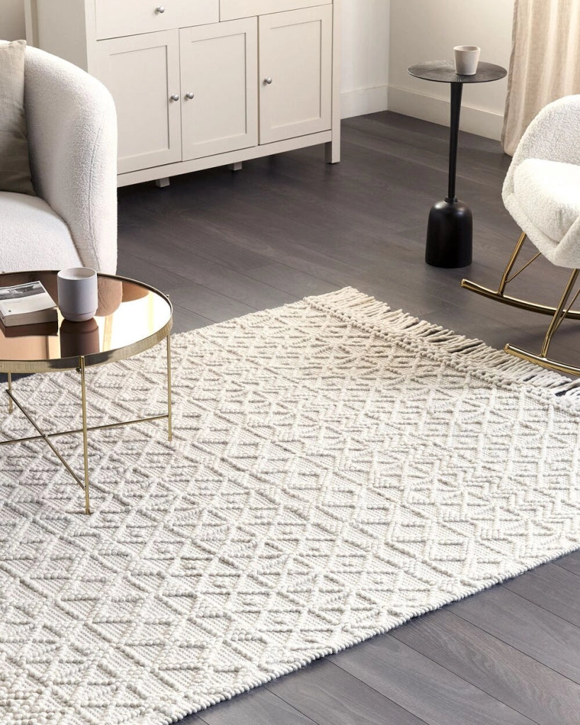 Tappeto in lana poliestere beige chiaro 200 x 300 cm Motivo geometrico Nappe Boho Moderno 