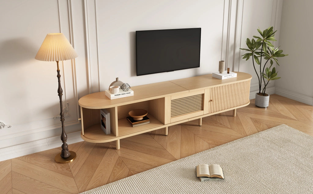 Mobile porta TV con 1 cassetto e 2 ante scorrevoli, per soggiorno e sala da pranzo, in MDF, legno chiaro, 180 × 40 × 40 cm