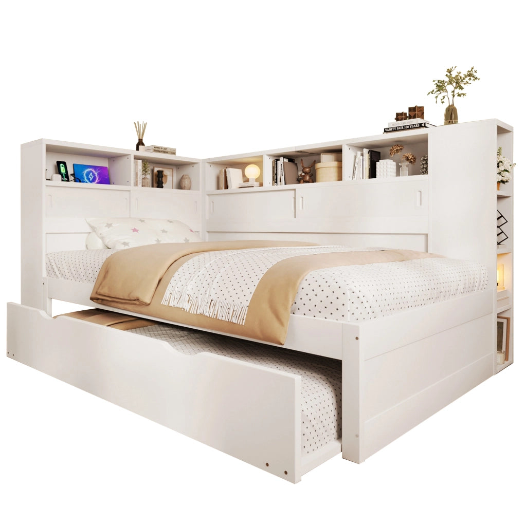 Letto piattaforma per bambini con letto estraibile, spazio contenitore e USB, Bianco