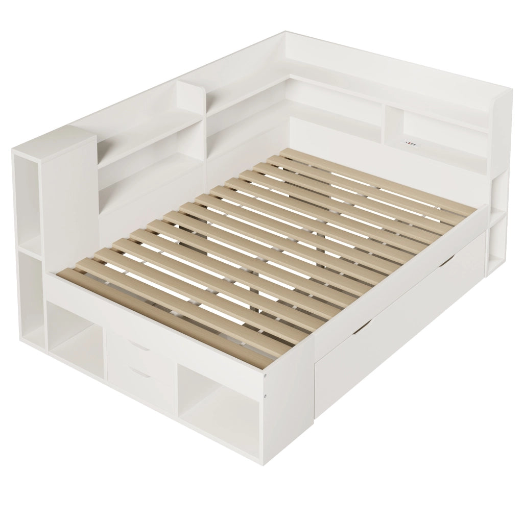 Letto da giorno ULEVR 140x200 cm con materasso, LED, USB e Type-C, cassetti e ripiani, bianco