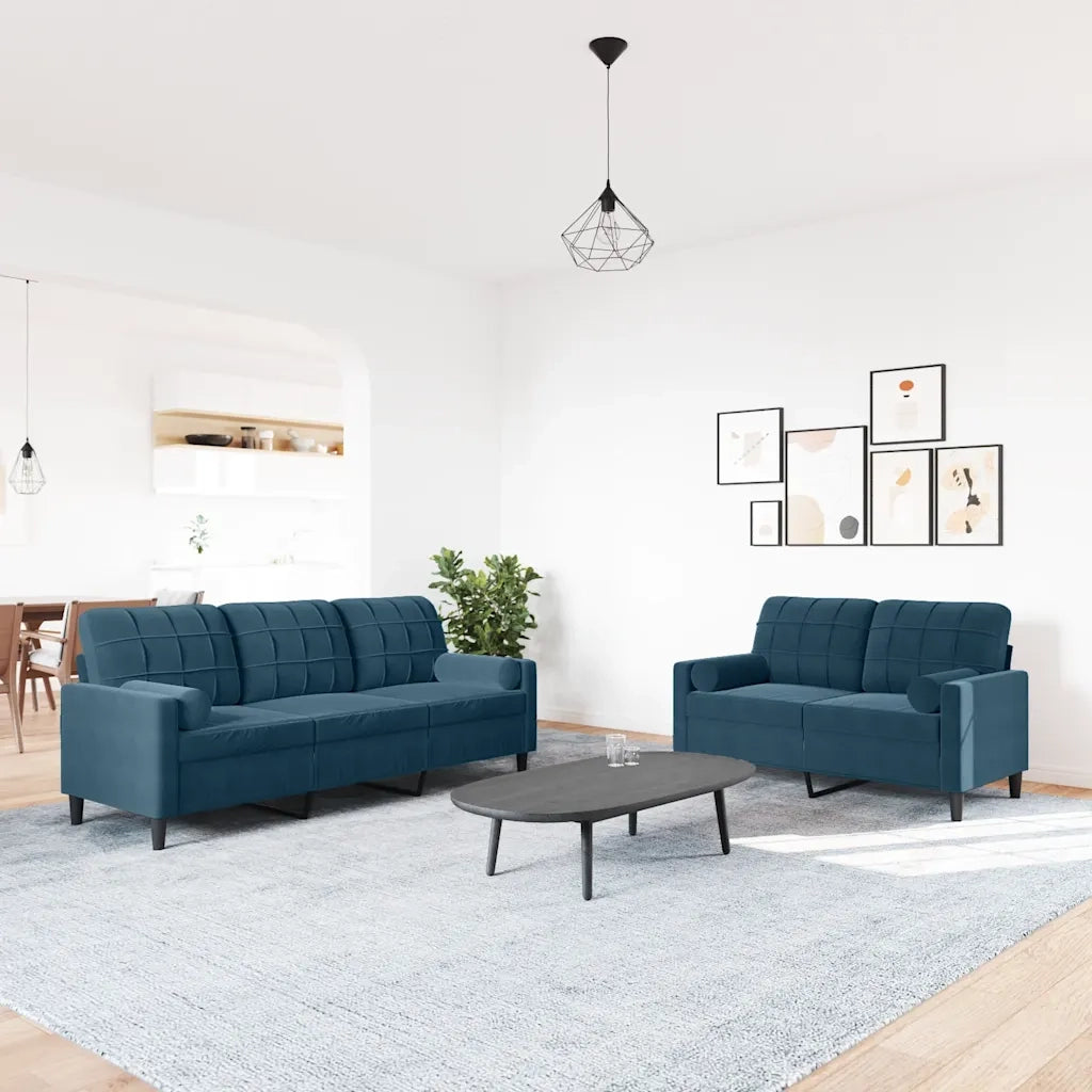 Set di Divani 2 pz con Cuscini e Rinforzi Blu in Velluto