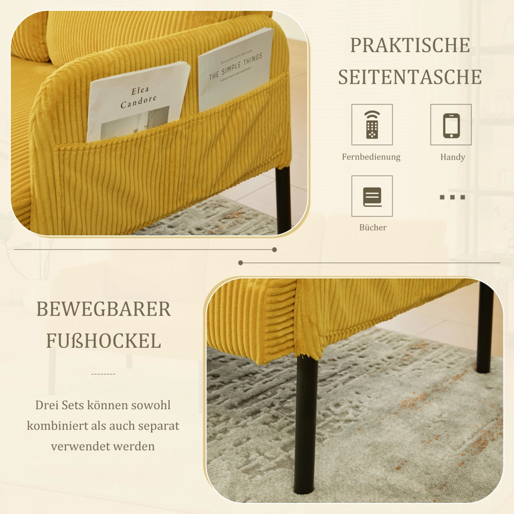 Divano a tre posti in velluto a coste con schienale ergonomico e tasca laterale, struttura in metallo giallo