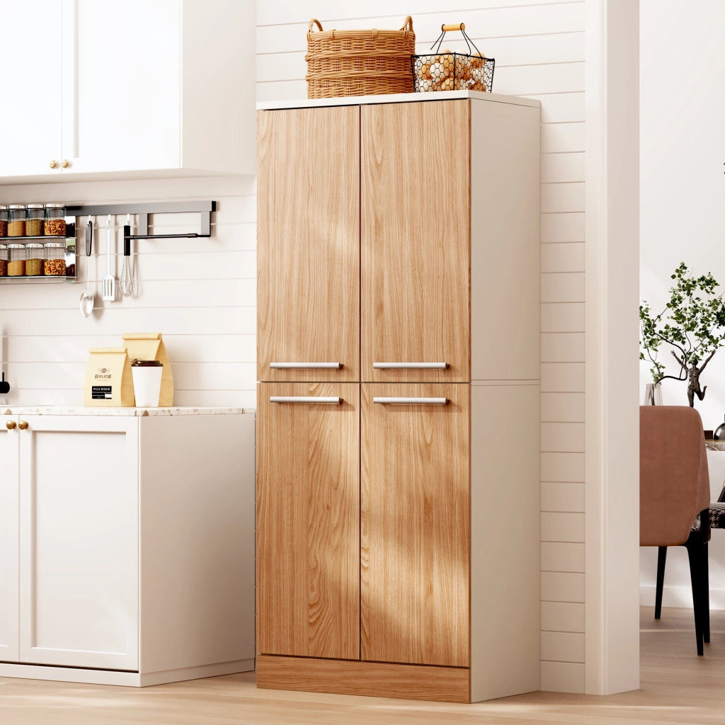 Dispensa alta con 4 ante e ripiani regolabili per cucina, in MDF, bianco e naturale, 76 × 42 × 180 cm