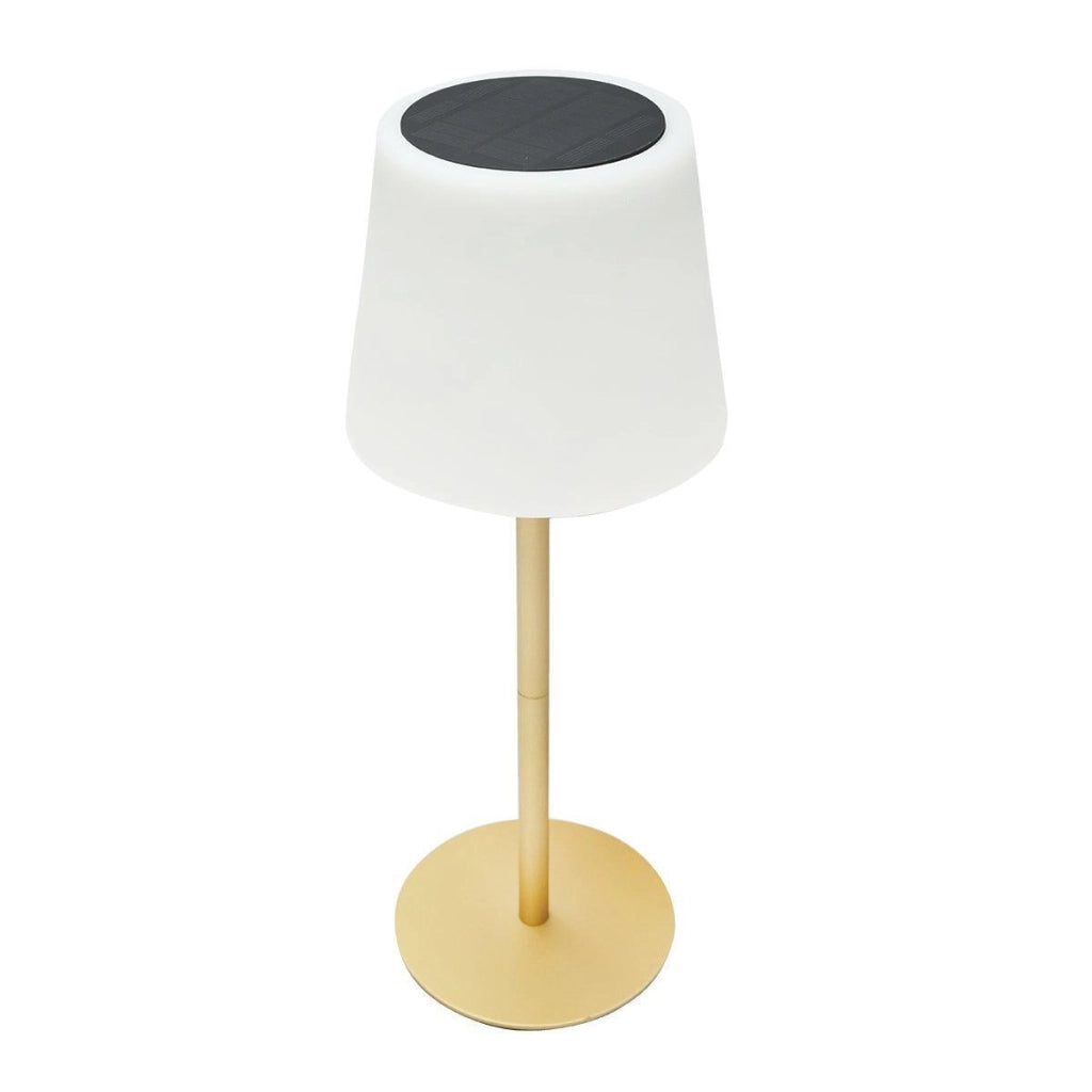 Lampada solare LED ricaricabile 2W con pannello solare 0,7W, batteria 3,7V 1200mAh, USB 5V 1A, IP65, per esterni, 3000K, colore oro