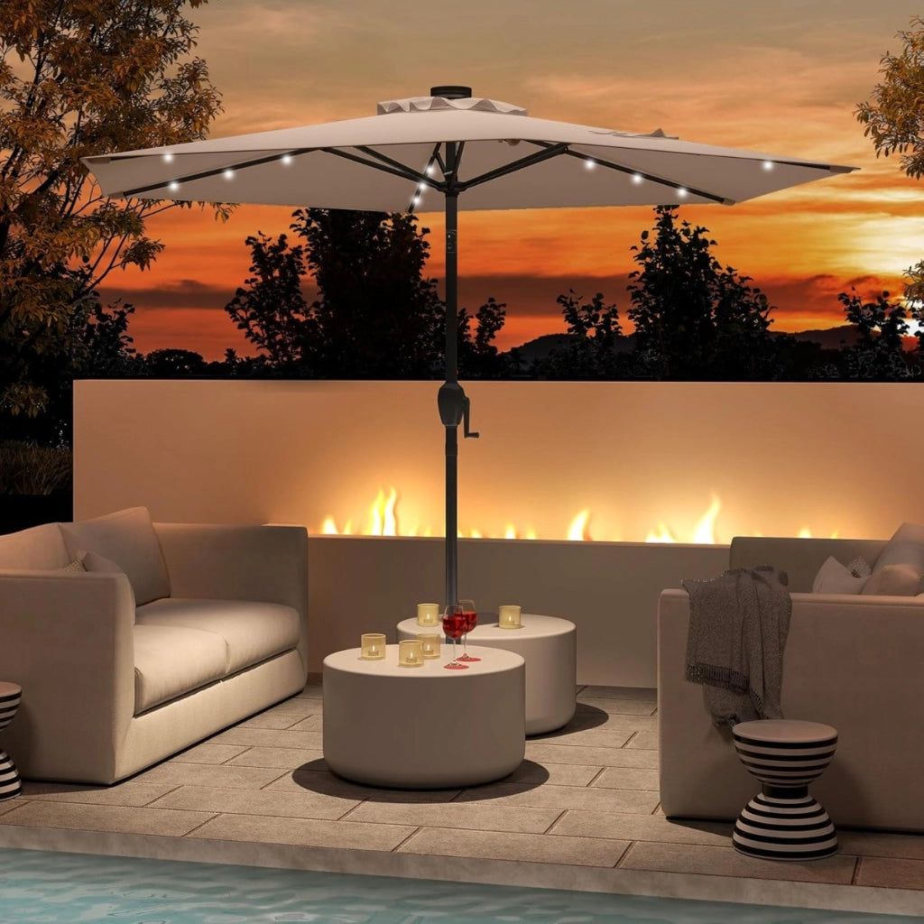 Ombrello da mercato per esterni con pannello solare da tavolo per giardino, Ombrellone da patio 230 cm Marrone