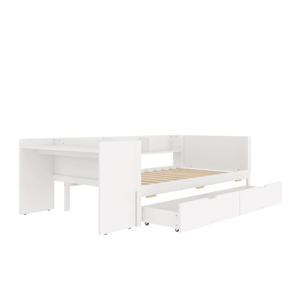 Letto 90x200 cm con scrivania; 2 cassetti e ripiani in legno bianco