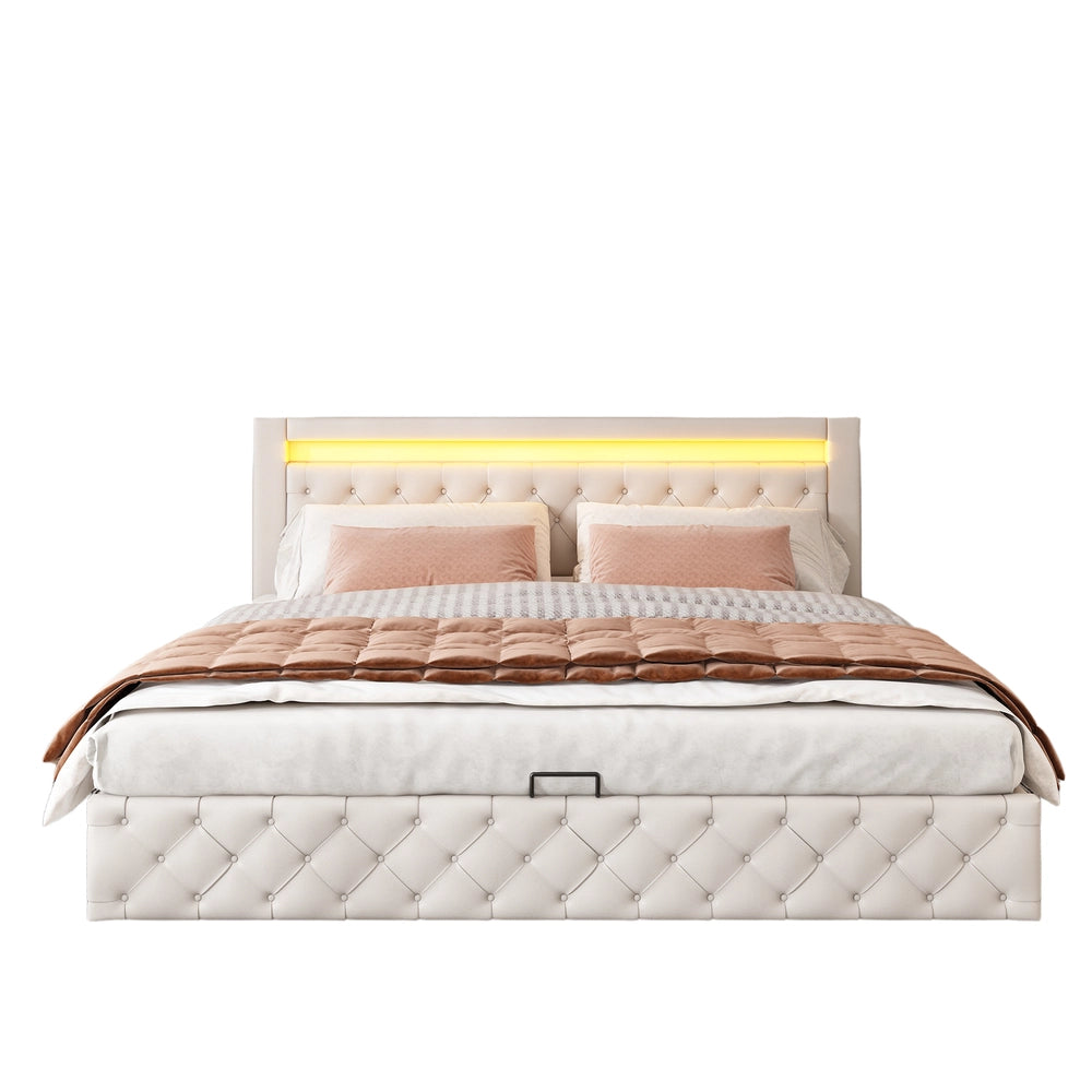 Letto imbottito contenitore 180x200 ¨C Minimal ¨C Bianco similpelle con LED rete a doghe