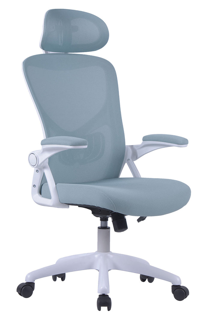 Sedia Direzionale da Ufficio 63x63x113-121 cm con Poggiatesta e Braccioli Basculanti Riverside in Nylon Azzurro e Bianco