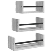 3 pz Set Mensole Parete | Mensola sospesa con Aste Grigio Sonoma Legno Multistrato