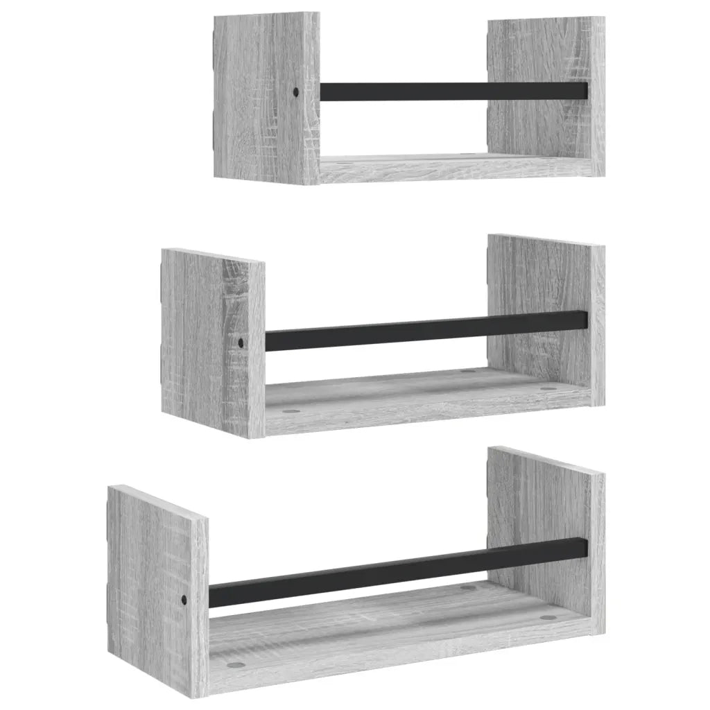 3 pz Set Mensole Parete | Mensola sospesa con Aste Grigio Sonoma Legno Multistrato