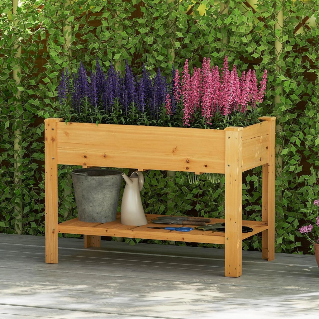 Letto per Orto Rialzato da Esterno in Legno di Abete, Fioriera Rialzata con Fori di Drenaggio e Ripiano Inferiore, Letto per Piante Urbano da Giardino e Patio, 120 x 60 x 82 cm (Naturale)