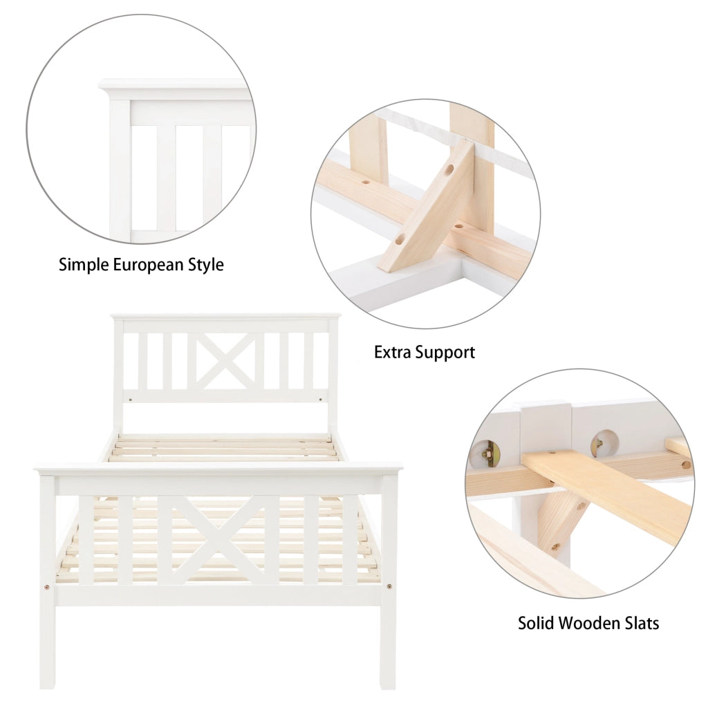 Letto singolo 90x200 cm in legno massello di pino bianco con testiera a X e rete a doghe