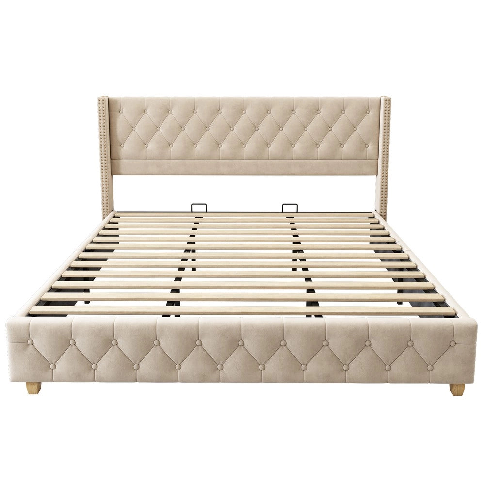 Letto Imbottito 180x200 con Testiera e Rete a Doghe ¨C MINIMAL ¨C Velluto Beige