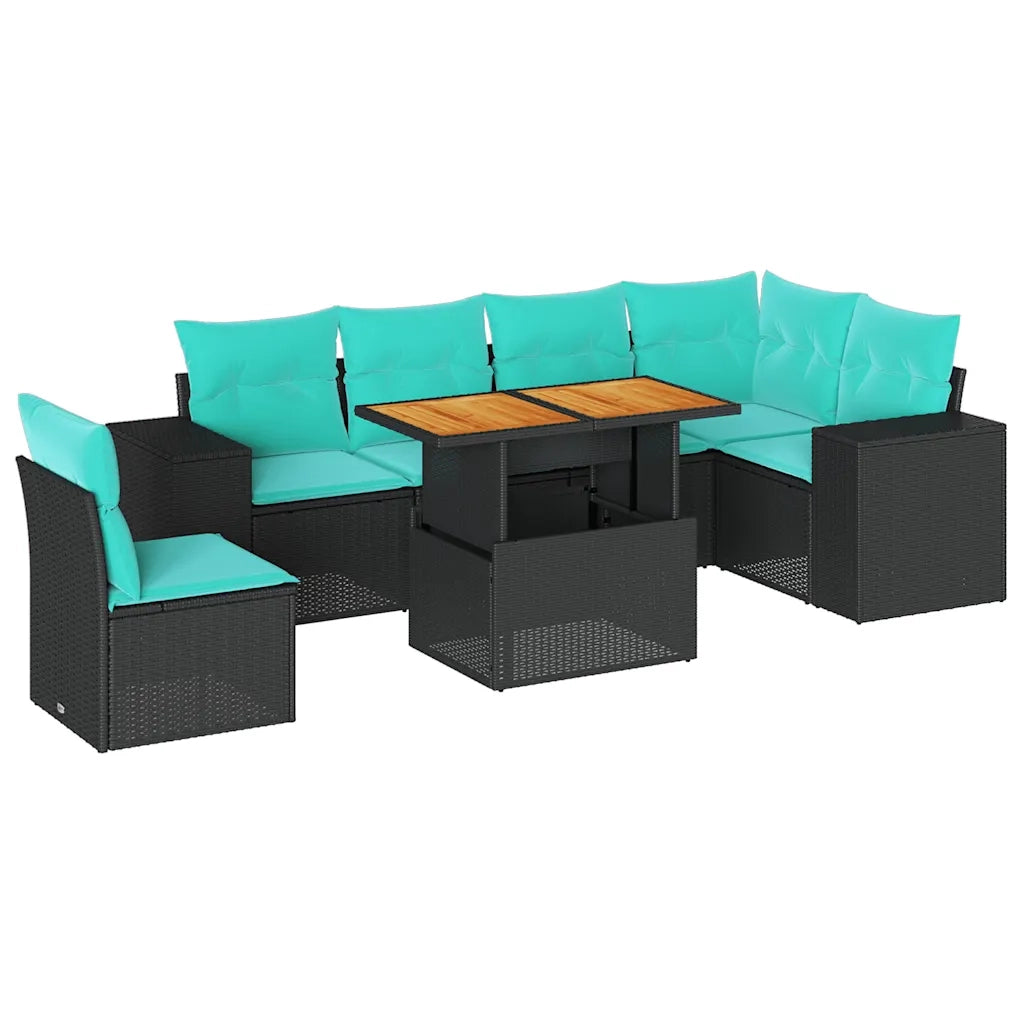 Set Divani da Giardino con Cuscini 7pz Nero Polyrattan
