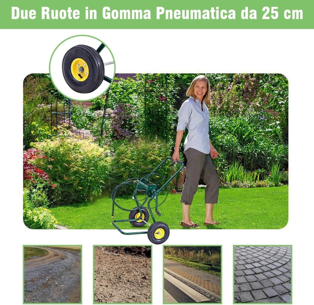 Carrello Avvolgitubo da Giardino, Carrello per Tubo di Irrigazione in Metallo con 2 Ruote Pneumatiche di Grandi Dimensioni, per Giardino e Cortile, 71 x 53 x 96,5 cm
