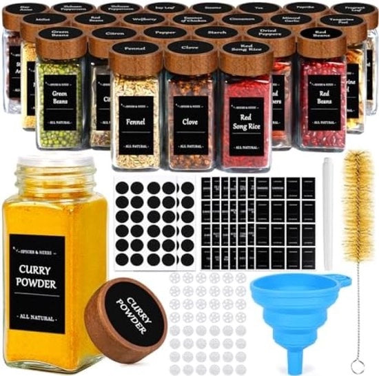 Set di infusori, Infusori quadrati con coperchio in legno [24 x 120 ml] Infusori, contenitori di erbe in vetro, infusori con filtro, etichette, imbuto in silicone, spazzola per pulizia