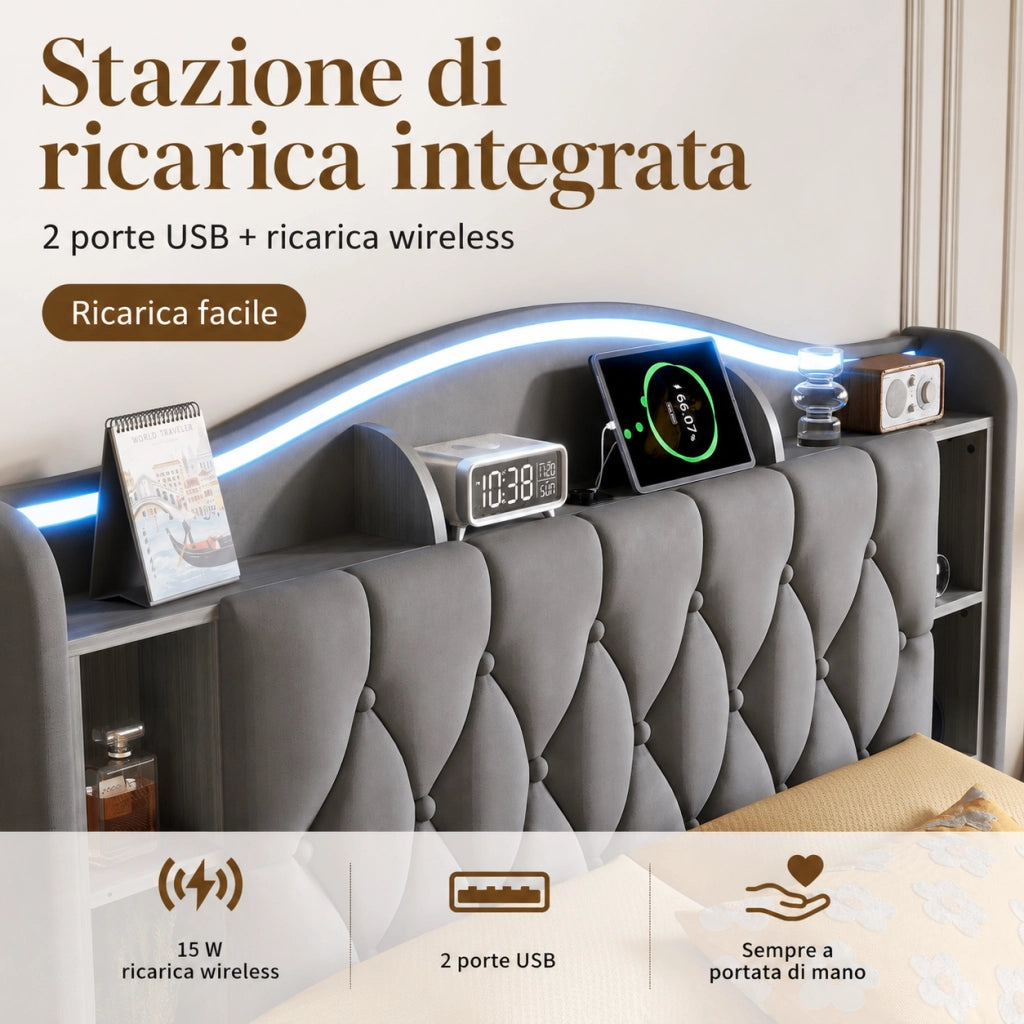 Letto matrimoniale con contenitore idraulico 140x200cm, testiera velluto grigio, luci LED RGB, ricarica USB‑wireless, scomparti porta‑oggetti