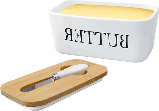 Contenitore ceramico rettangolare per burro con coperchio in legno - contenitore per burro a chiusura ermetica - burro - 250 g - coperchio