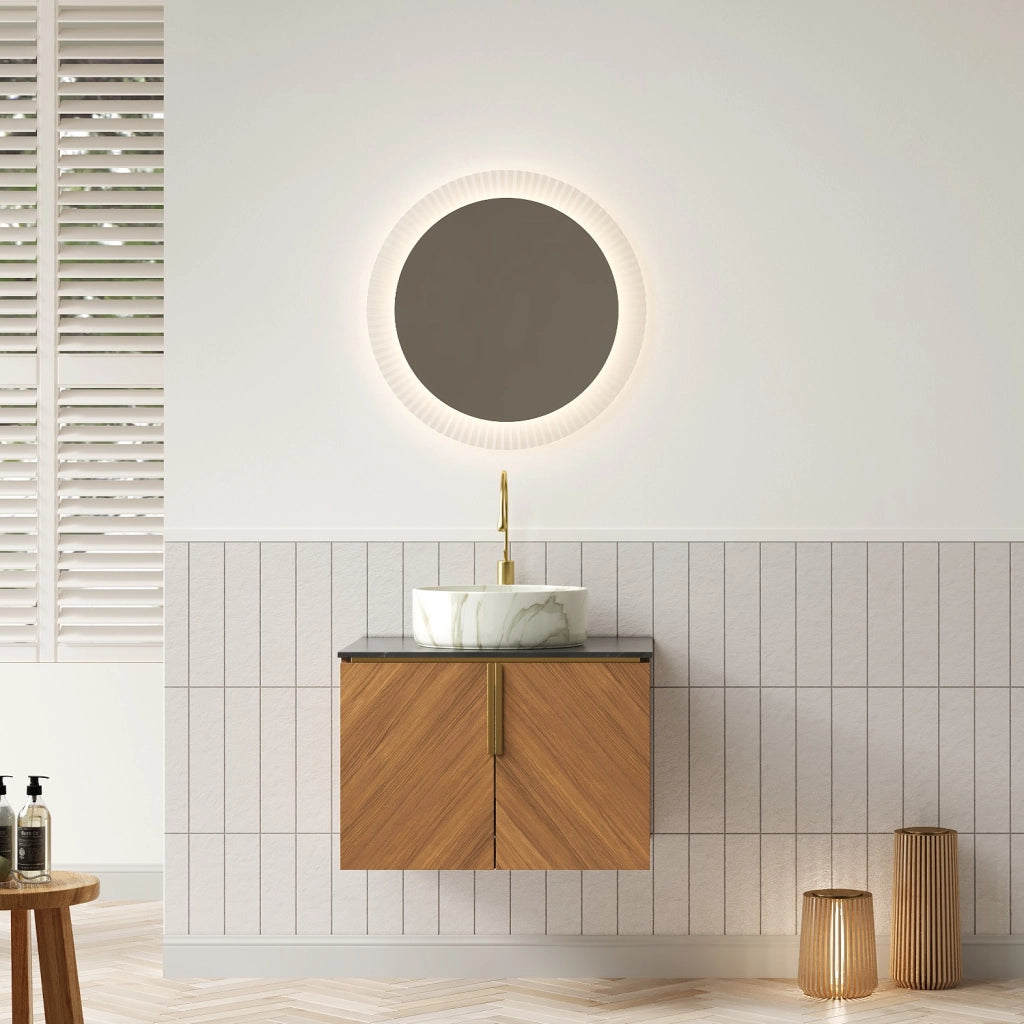 Mobile sottolavabo con 2 ante e lavabo in ceramica, piano in pietra sinterizzata, effetto rovere, per bagno, 61 cm
