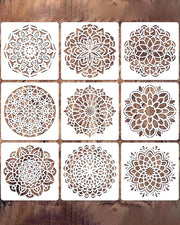 Mandala-stencils per selficidio per decorare diversi materiali. Set di 9 stampe riutilizzabili per tegole, legno, tela e cuscino di parete. Decorazioni mandaliche.