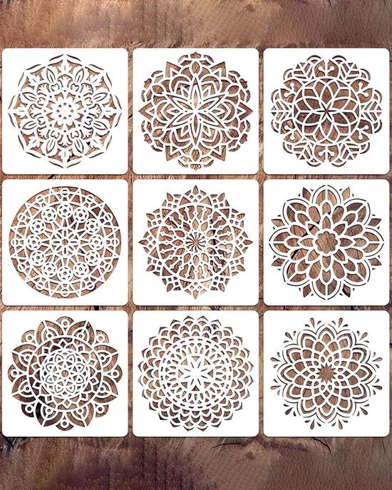 Mandala-stencils per selficidio per decorare diversi materiali. Set di 9 stampe riutilizzabili per tegole, legno, tela e cuscino di parete. Decorazioni mandaliche.