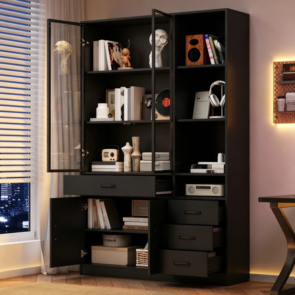 Hochschrank con vetrina in vetro, 120 x 35 x 200 cm, con 4 cassetti, 13 vani, LED, colore nero
