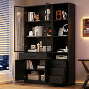 Hochschrank con vetrina in vetro, 120 x 35 x 200 cm, con 4 cassetti, 13 vani, LED, colore nero