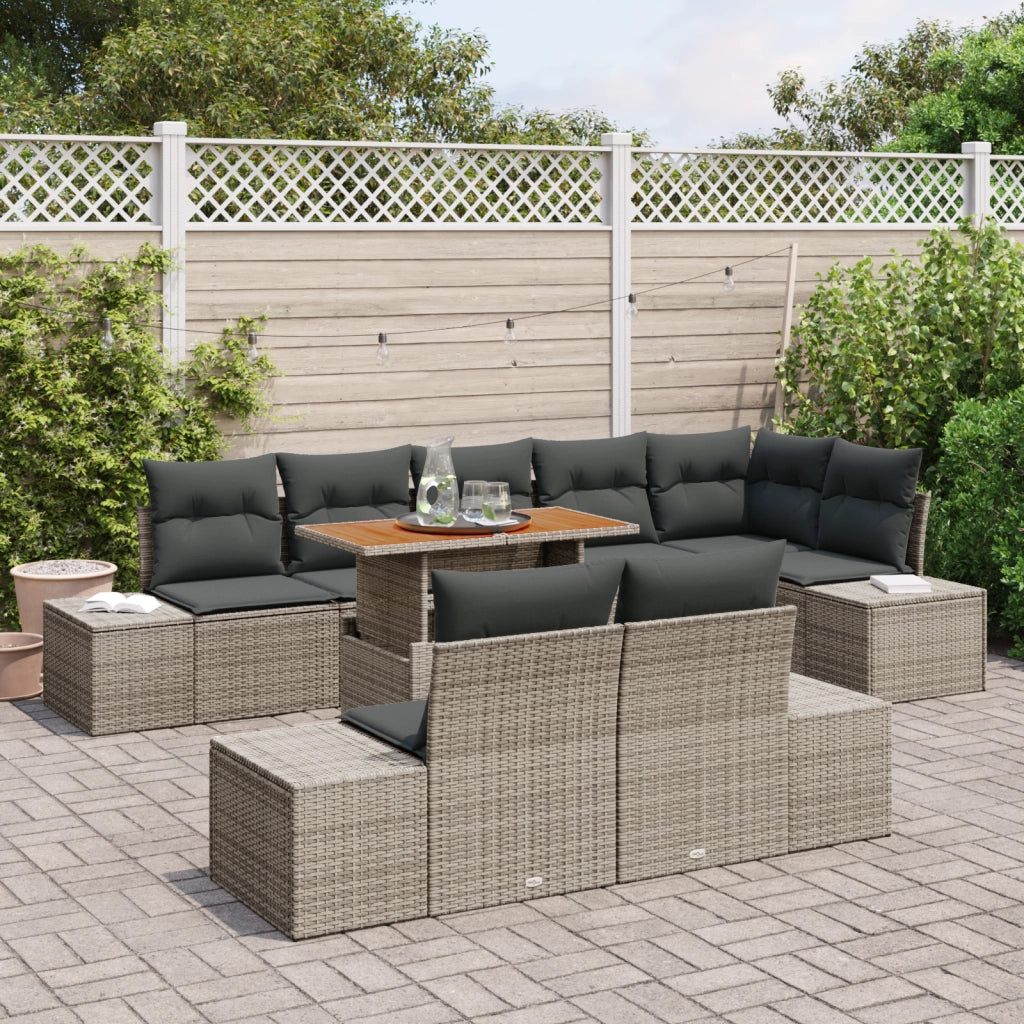 Set da Pranzo da Giardino con Cuscini Grigi in Polyrattan e Acacia