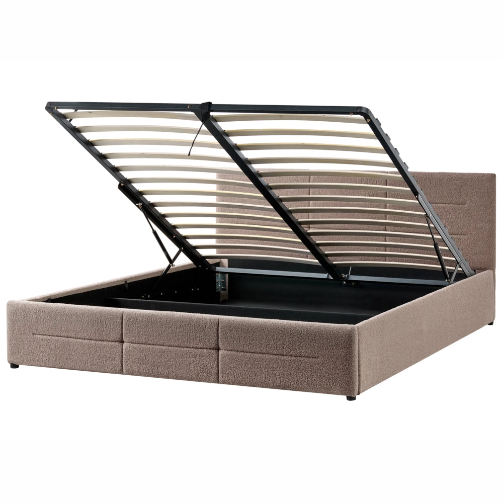 Letto ottomano tortora bouclé 180x200 cm con testiera sollevabile e base a doghe Design moderno