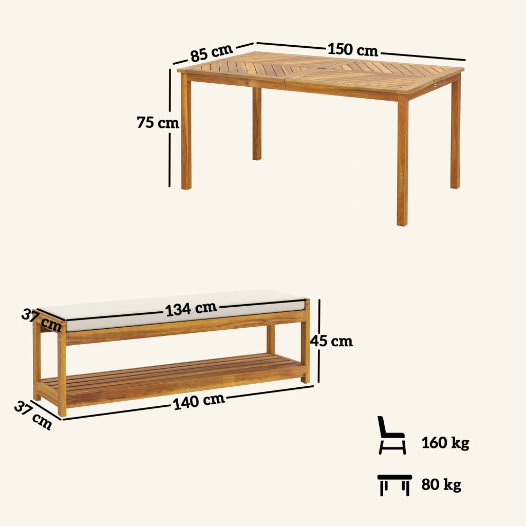 Set Giardino ¨C zephmum ¨C Teak, Tavolo e 2 Panche, 150x85x75 cm