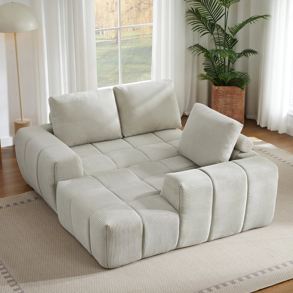 Divano angolare in velluto a coste con design segmentato e cuscini sfoderabili senza montaggio per soggiorno beige