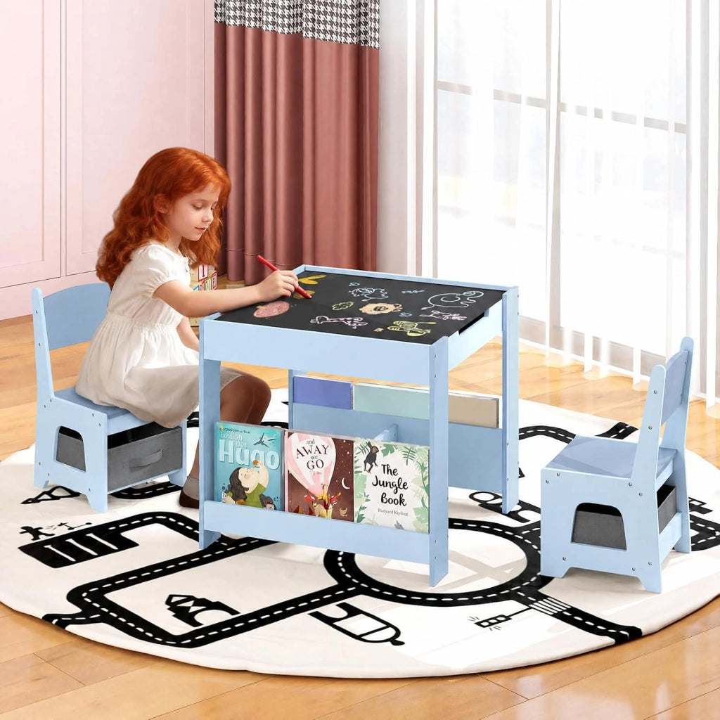 Set Tavolino Bambini con 2 Sedie per 3+ Anni, Tavolo e Sedie 4 in 1 con Lavagna Rimovibile, Librerie e Scatola in Tessuto, Mobile Salvaspazio per Scuola e Cameretta (Blu, Stile 3)