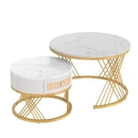 Tavolino Rotondo Marmo 2 in 1 con Gambe in Metallo, Cassetti in Rattan Sintetico e Maniglie in Legno Massello, Bianco