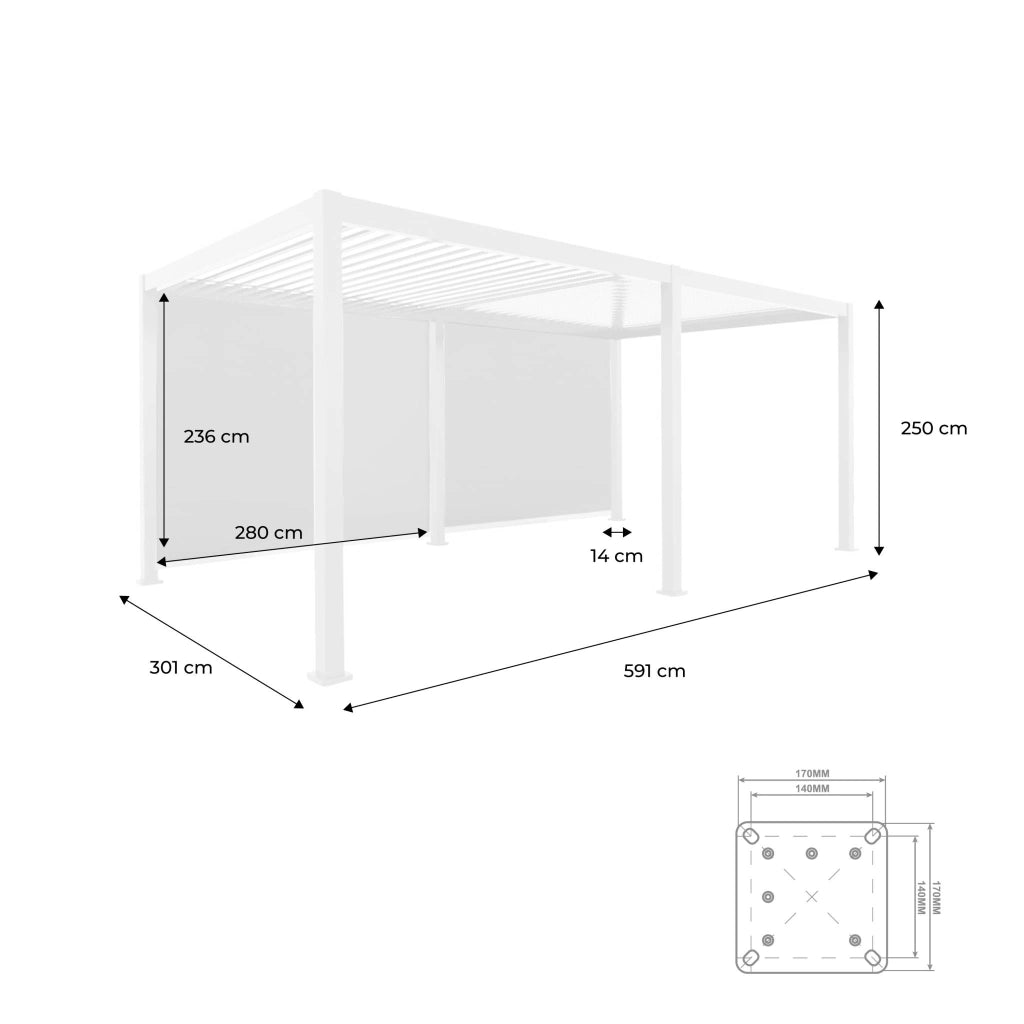 Pergola bioclimatica 3x6m in alluminio + 2 tende 3m , bianco