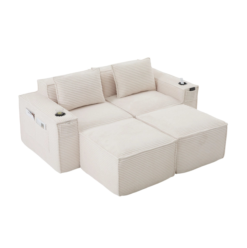Divano modulare beige in velluto a coste con portabicchieri