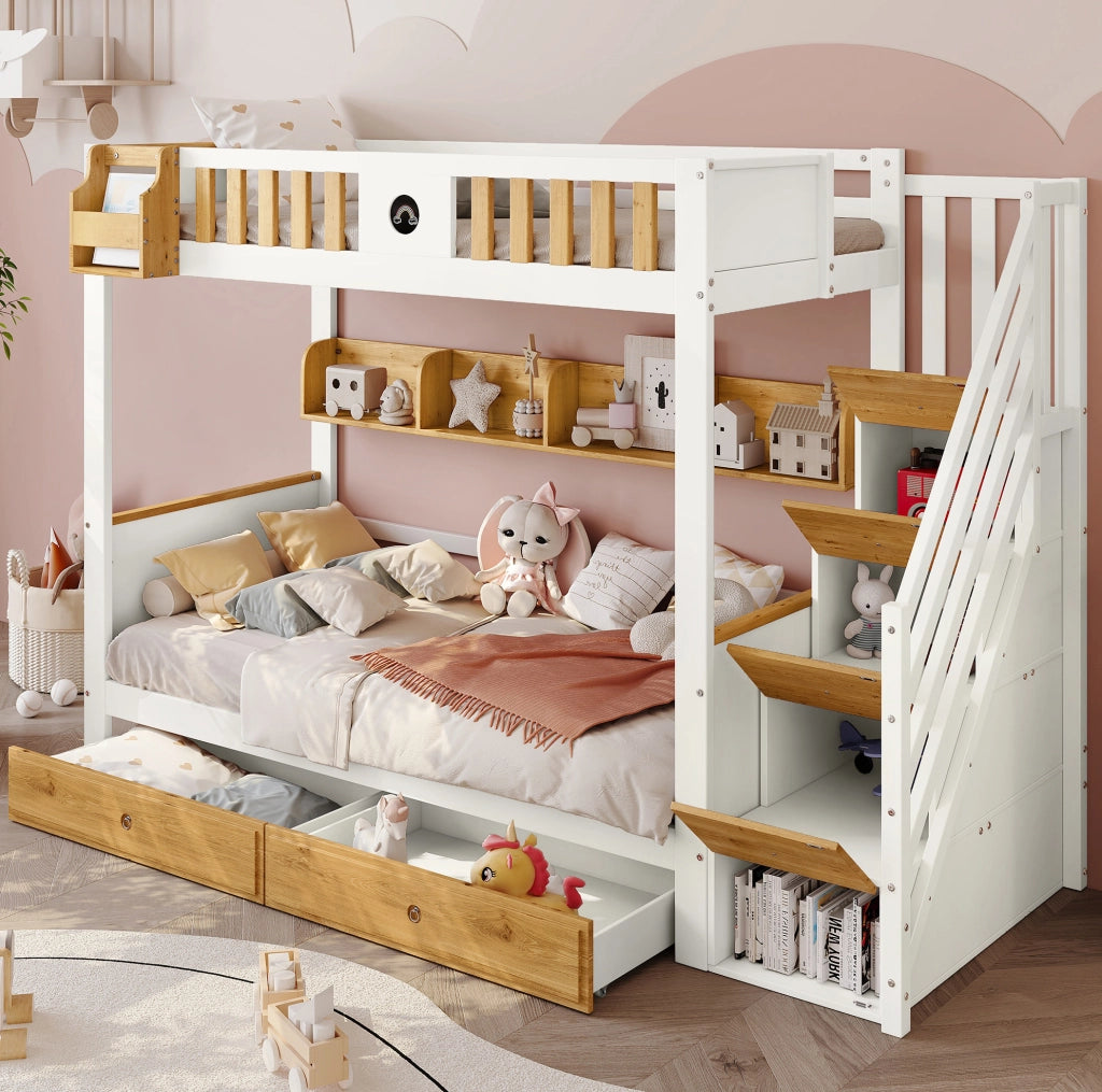 Letto a castello 90x200 cm con scala contenitore bianco/naturale