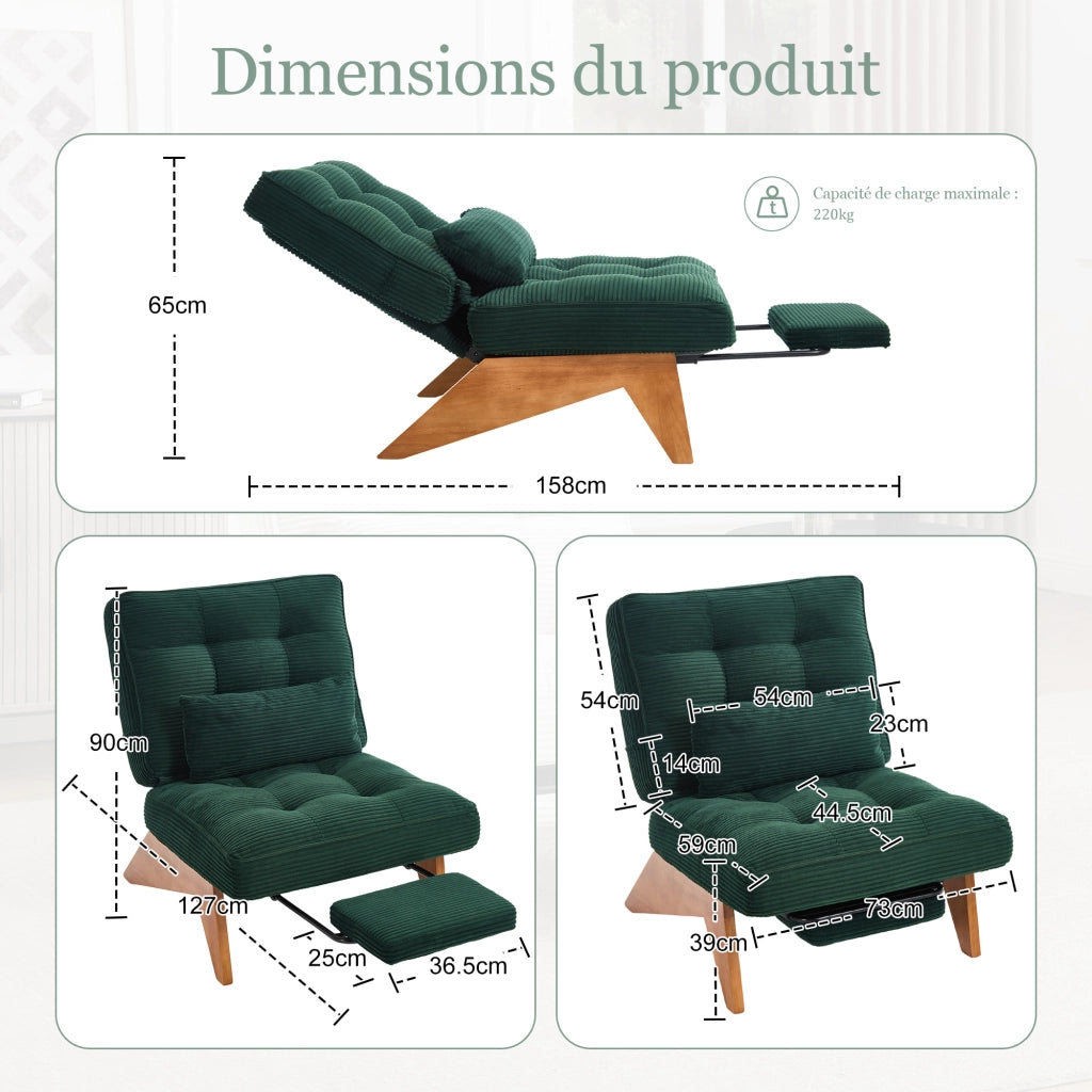 OKWISH Poltrona Relax, Schienale Regolabile con Cuscino Lombare e Seduta Profonda, Velluto a Coste, Verde Smeraldo