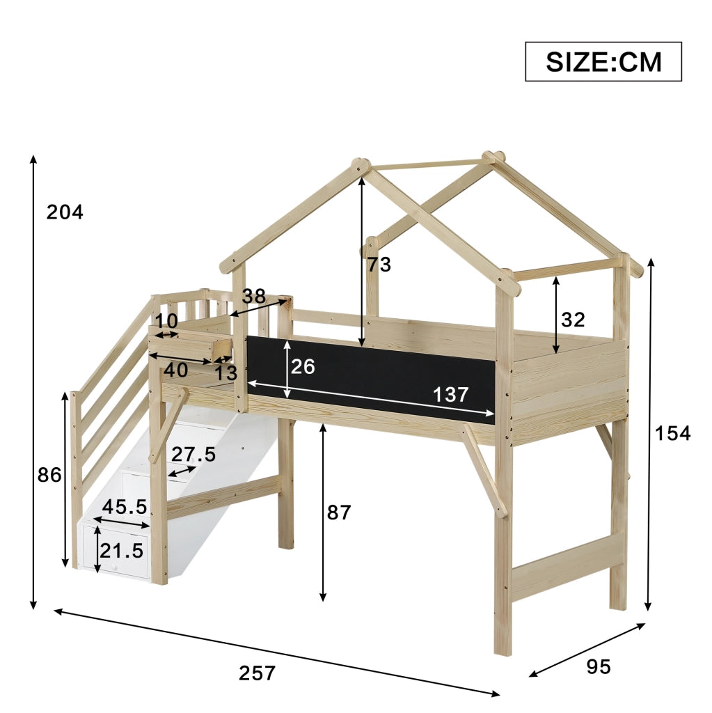 Letto a castello 90x200 cm con lavagna; scala contenitore a 3 vani; bianco e naturale