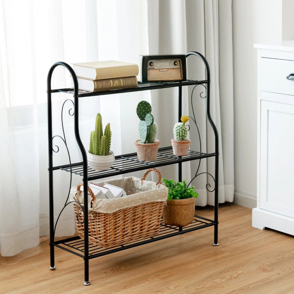 Porta piante in metallo a 3 livelli-Scaffale portavasi interno ed esterno con elegante motivo a volute 72x25x85cm