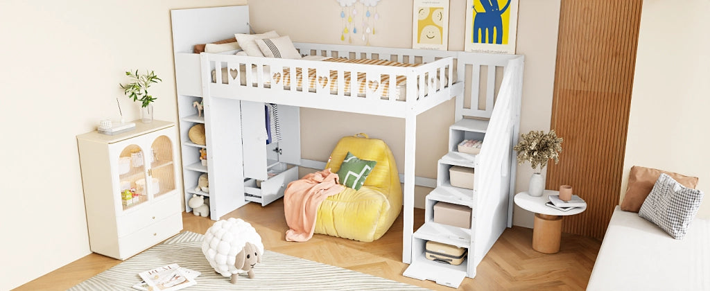 DESMIU Letto a Soppalco Singolo con Scala Contenitore, Scaffali e Armadio Pieghevole 90 × 200 cm, Senza Materasso