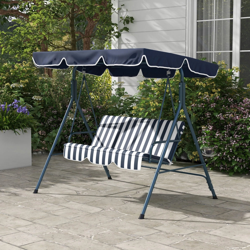 Dondolo da Giardino 3 Posti 172x110x153 cm con Tetto Parasole in Acciaio e Poliestere Bianco e Blu