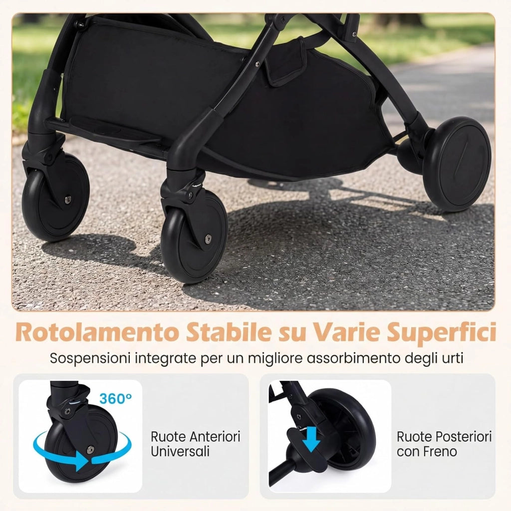 Passeggino Leggero per Neonati con Tettuccio, Schienale e Poggiapiedi Reclinabili, Passeggino Pieghevole con Portabicchieri, Cestello Portaoggetti, per Bambini 0-3 Anni (Nero)