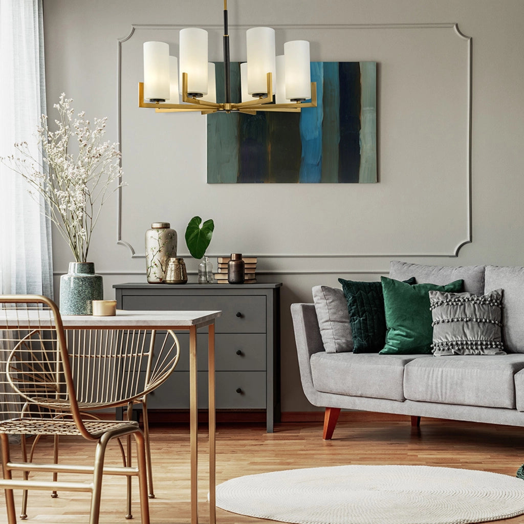 Maytoni Lampadario contemporaneo Fortano 8 luci E27 ottone metallo diffusore vetro bianco